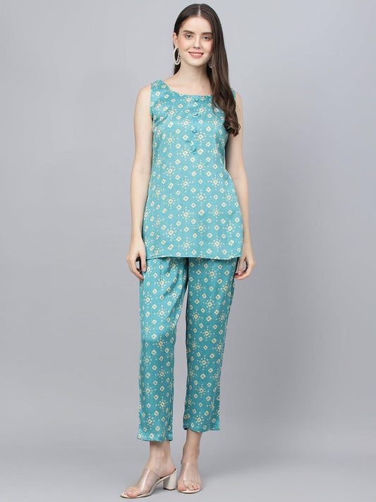 Bandhani Teal Muslin Three Piece Top Pant Set With Peplum Jacket | LASVINI - Redefining Indian Fashion with Elegance