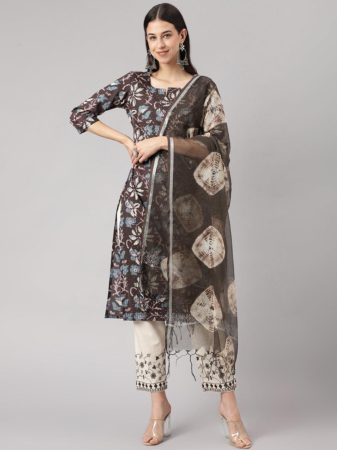 Black Floral Cotton Kurta Pant Set With Dupatta | LASVINI - Redefining Indian Fashion with Elegance