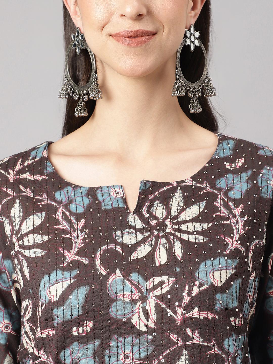 Black Floral Cotton Kurta Pant Set With Dupatta | LASVINI - Redefining Indian Fashion with Elegance