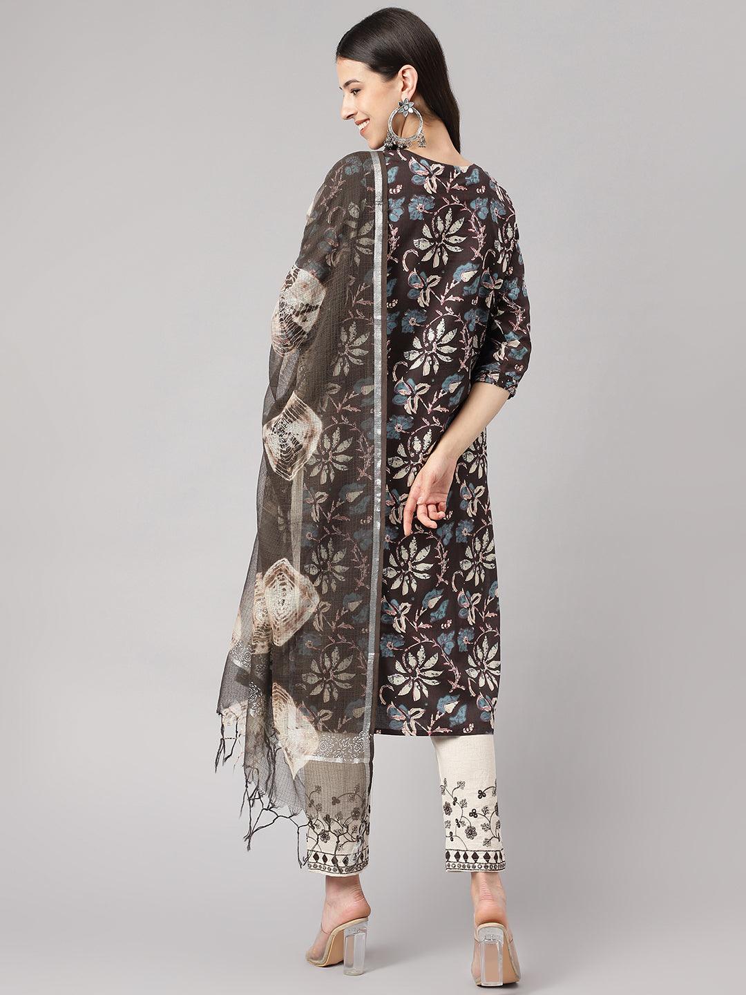 Black Floral Cotton Kurta Pant Set With Dupatta | LASVINI - Redefining Indian Fashion with Elegance