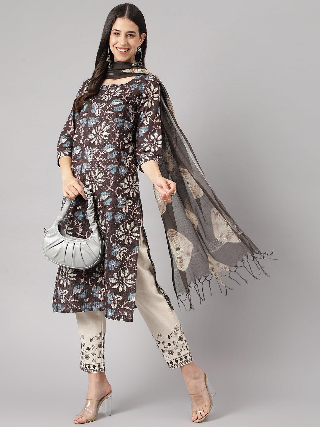 Black Floral Cotton Kurta Pant Set With Dupatta | LASVINI - Redefining Indian Fashion with Elegance