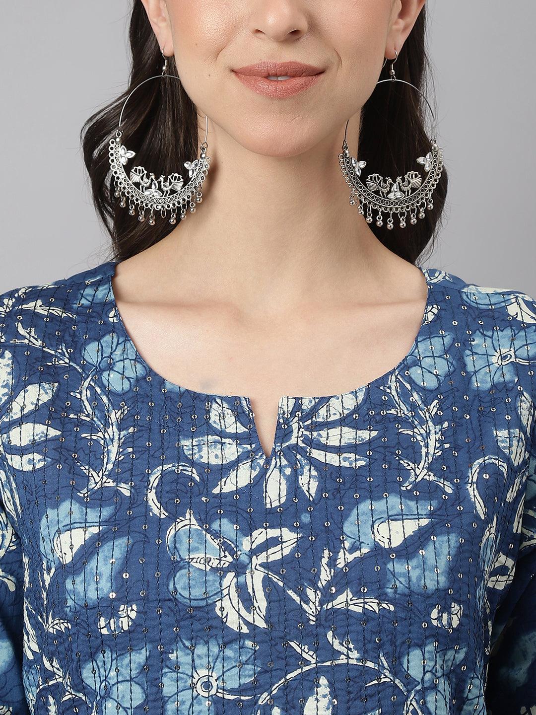 Indigo Floral Cotton Kurta Pant Set With Dupatta | LASVINI - Redefining Indian Fashion with Elegance