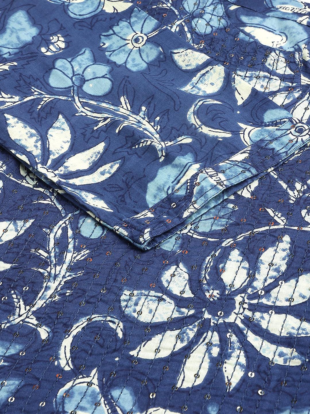 Indigo Floral Cotton Kurta Pant Set With Dupatta | LASVINI - Redefining Indian Fashion with Elegance