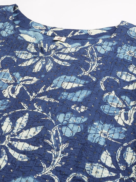 Indigo Floral Cotton Kurta Pant Set With Dupatta | LASVINI - Redefining Indian Fashion with Elegance