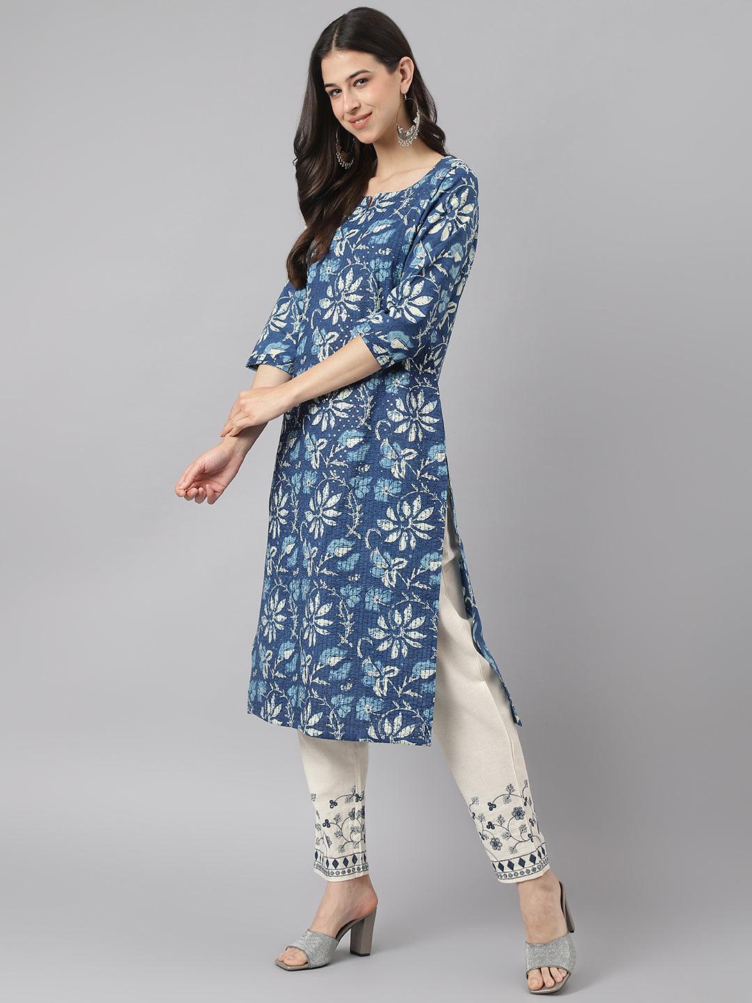 Indigo Floral Cotton Kurta Pant Set With Dupatta | LASVINI - Redefining Indian Fashion with Elegance