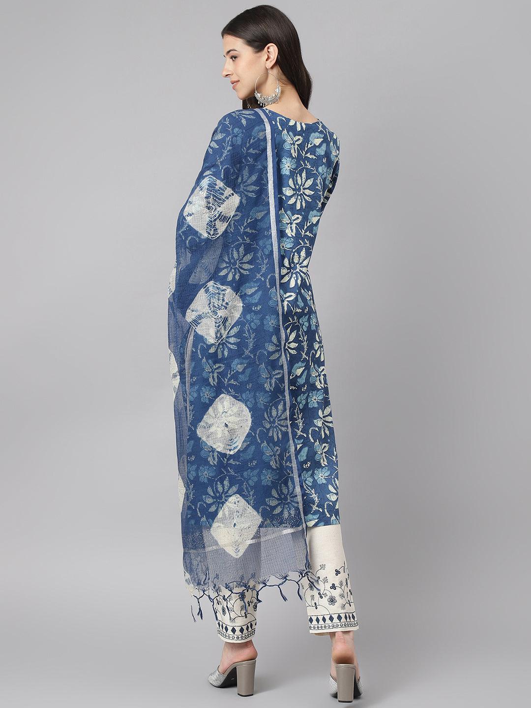 Indigo Floral Cotton Kurta Pant Set With Dupatta | LASVINI - Redefining Indian Fashion with Elegance