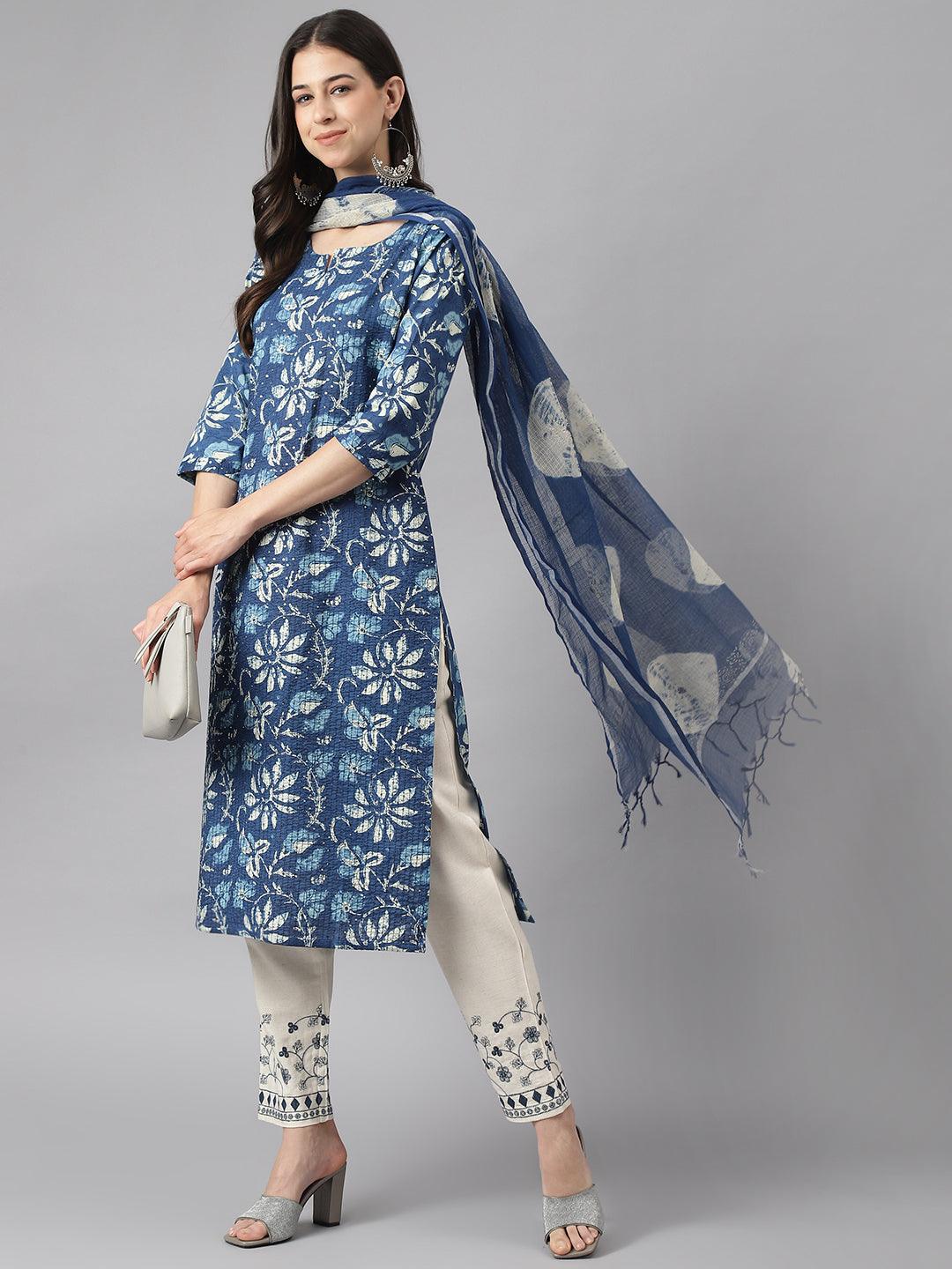 Indigo Floral Cotton Kurta Pant Set With Dupatta | LASVINI - Redefining Indian Fashion with Elegance