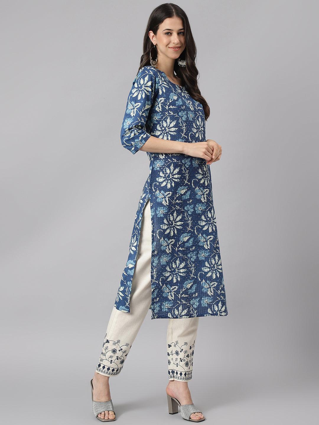 Indigo Floral Cotton Kurta Pant Set With Dupatta | LASVINI - Redefining Indian Fashion with Elegance