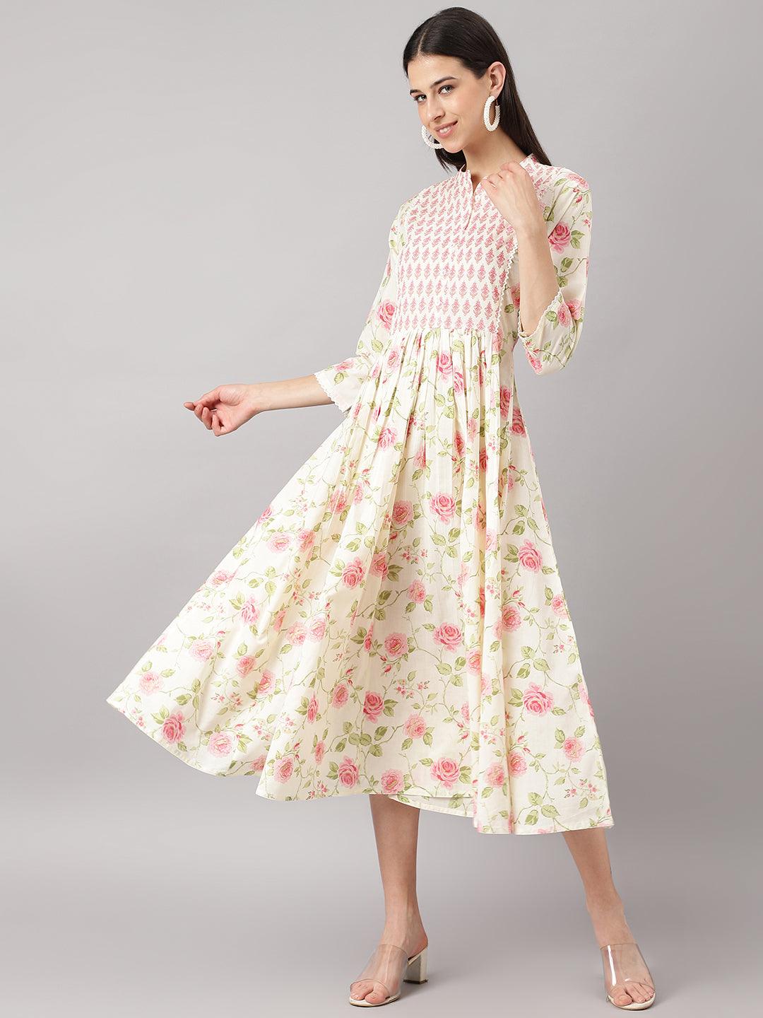 Cream Cotton Yoke Work Gathered Kurta | LASVINI - Redefining Indian Fashion with Elegance