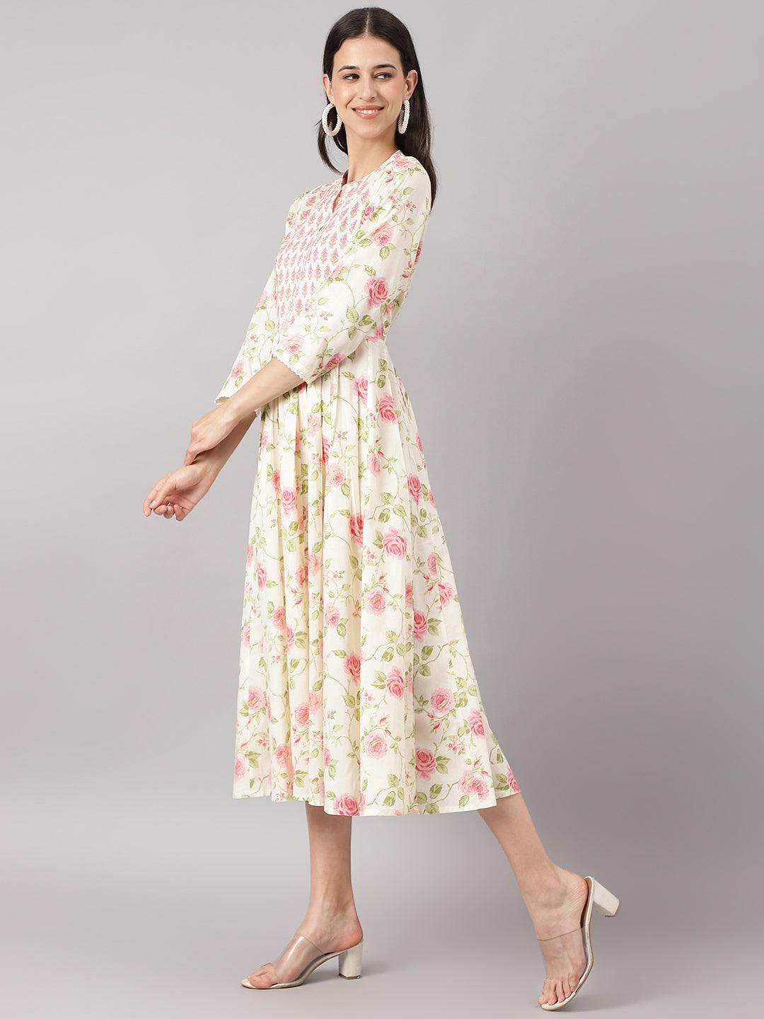 Cream Cotton Yoke Work Gathered Kurta | LASVINI - Redefining Indian Fashion with Elegance