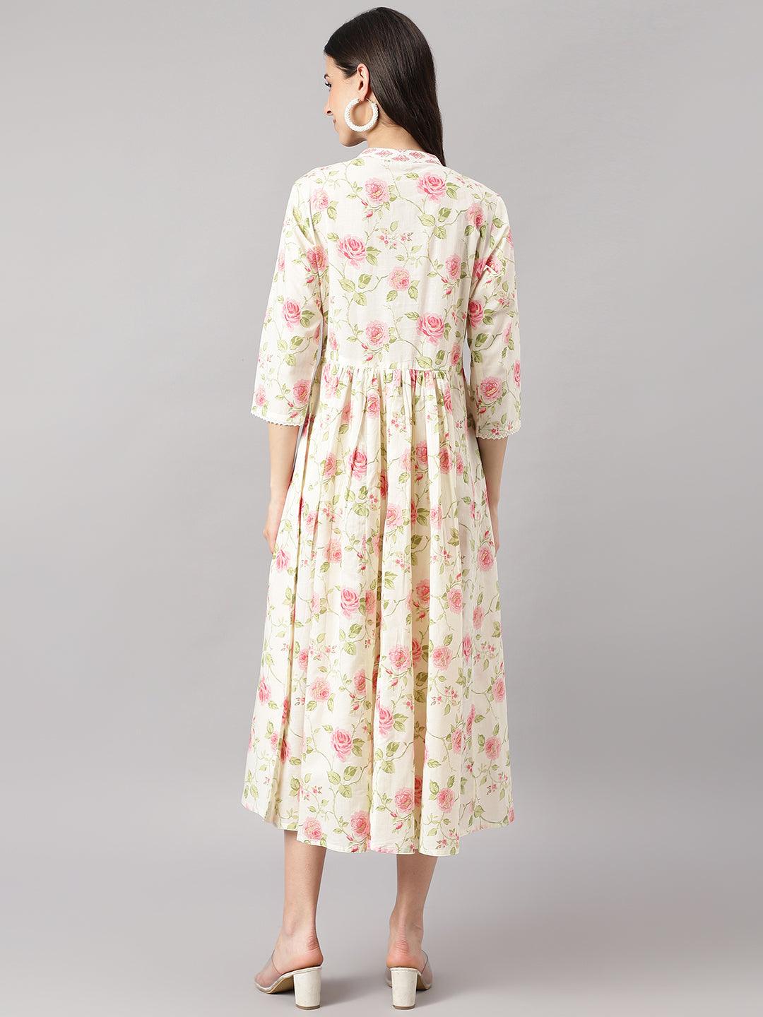 Cream Cotton Yoke Work Gathered Kurta | LASVINI - Redefining Indian Fashion with Elegance