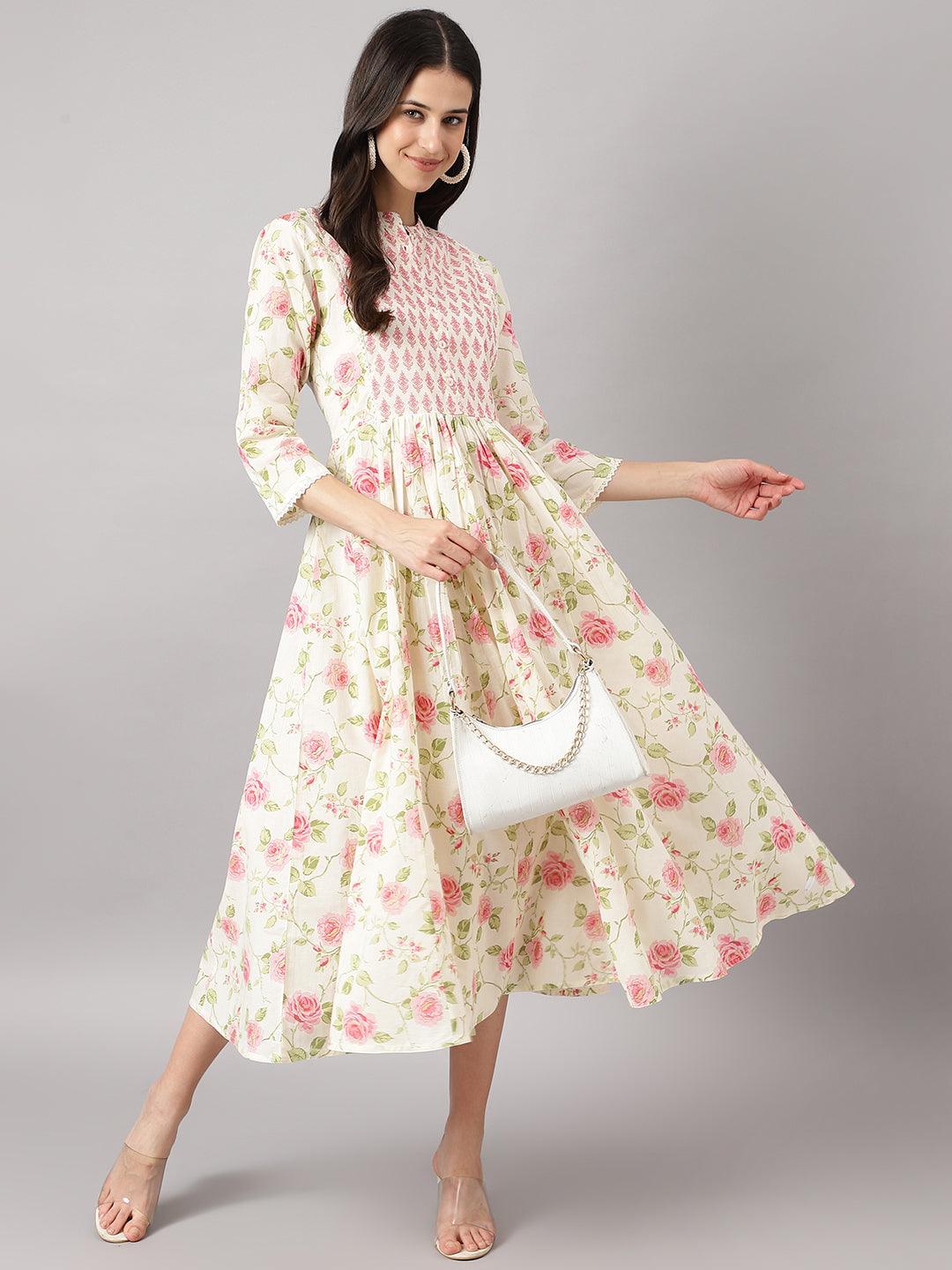 Cream Cotton Yoke Work Gathered Kurta | LASVINI - Redefining Indian Fashion with Elegance