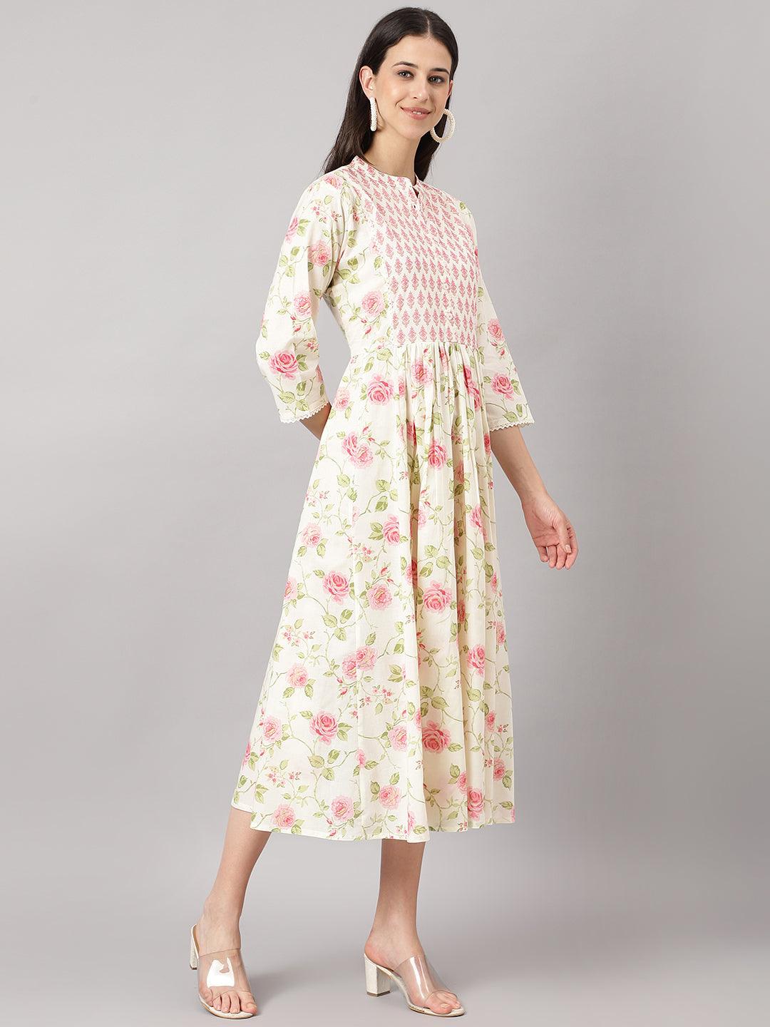 Cream Cotton Yoke Work Gathered Kurta | LASVINI - Redefining Indian Fashion with Elegance