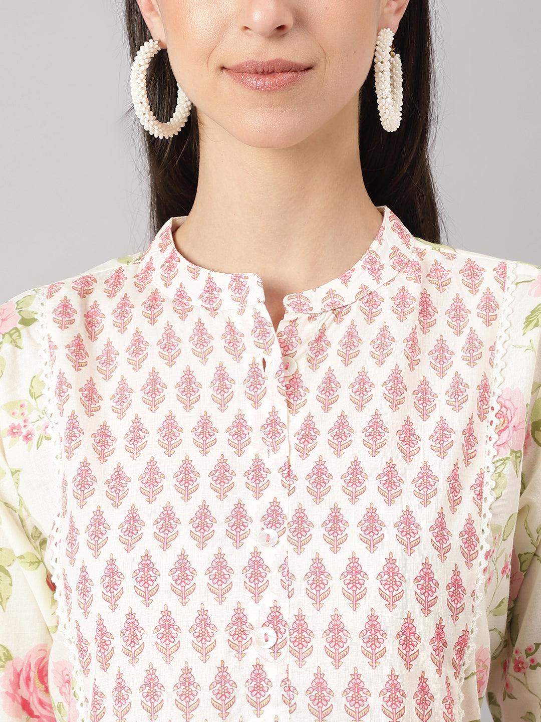 Cream Cotton Yoke Work Gathered Kurta | LASVINI - Redefining Indian Fashion with Elegance