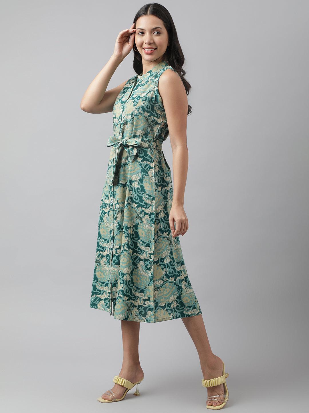 Rayon Light Green A-Line Floral Printed Midi Dress | LASVINI - Redefining Indian Fashion with Elegance