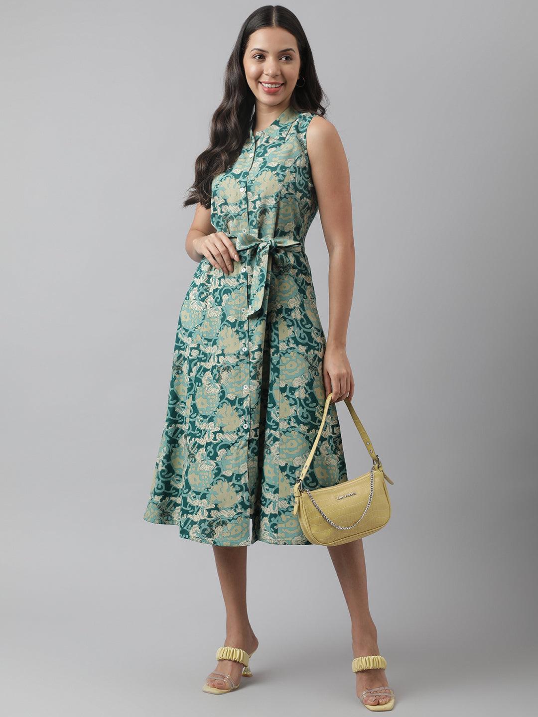 Rayon Light Green A-Line Floral Printed Midi Dress | LASVINI - Redefining Indian Fashion with Elegance