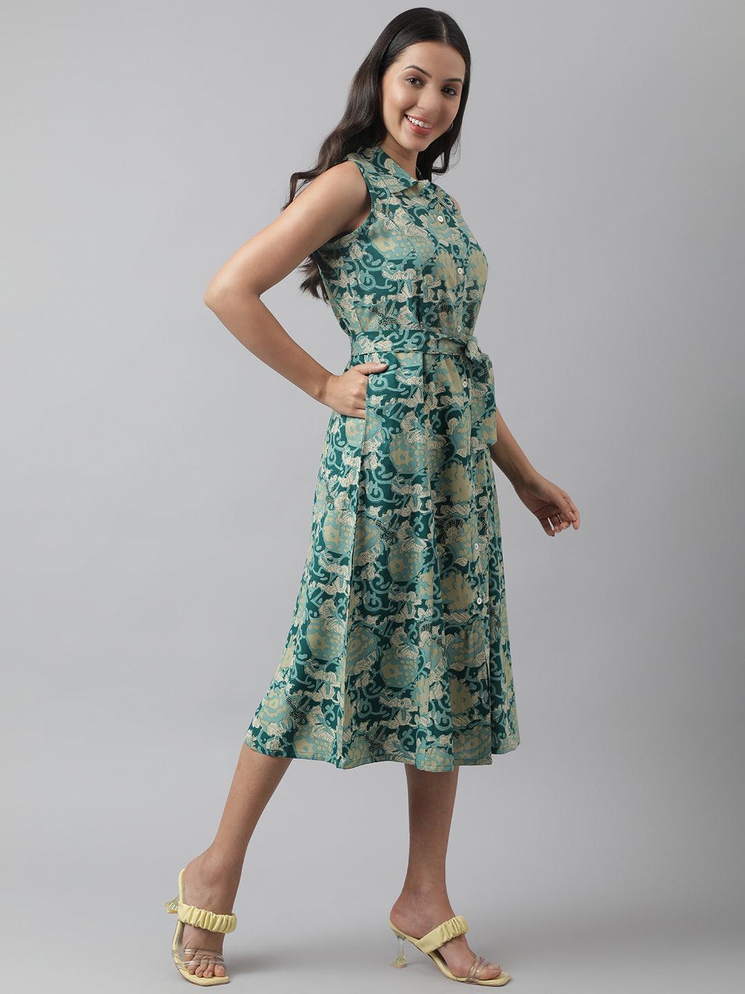 Rayon Light Green A-Line Floral Printed Midi Dress | LASVINI - Redefining Indian Fashion with Elegance