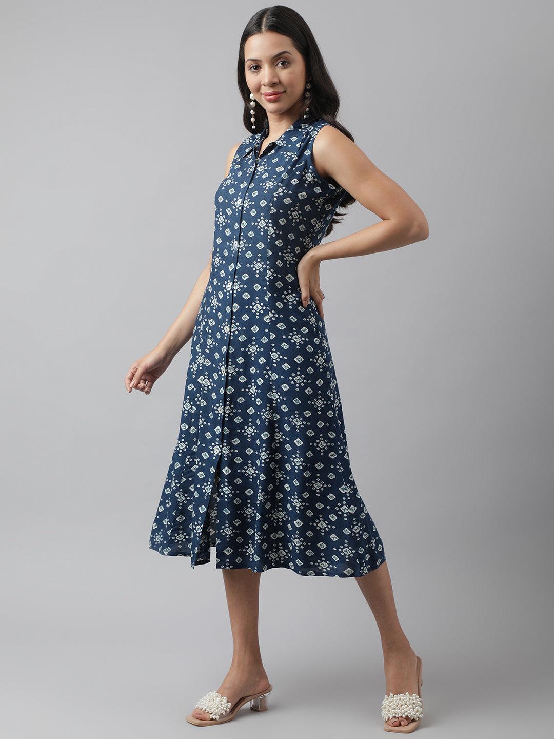 Rayon Teal Blue A-Line Floral Printed Midi Dress | LASVINI - Redefining Indian Fashion with Elegance