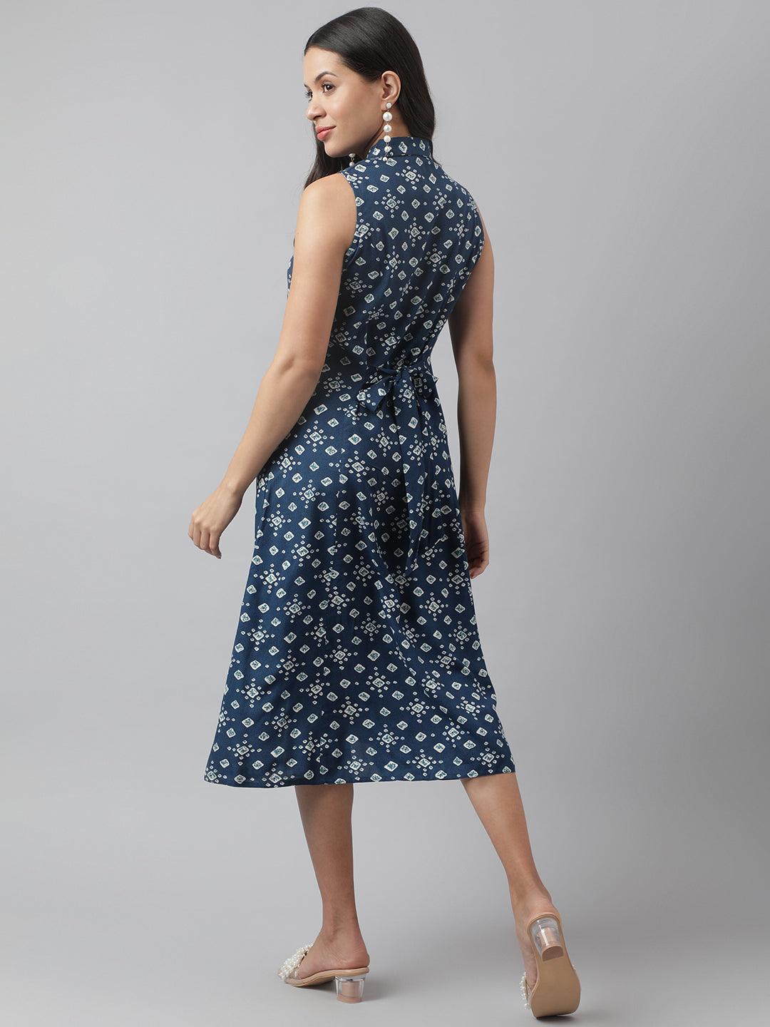 Rayon Teal Blue A-Line Floral Printed Midi Dress | LASVINI - Redefining Indian Fashion with Elegance