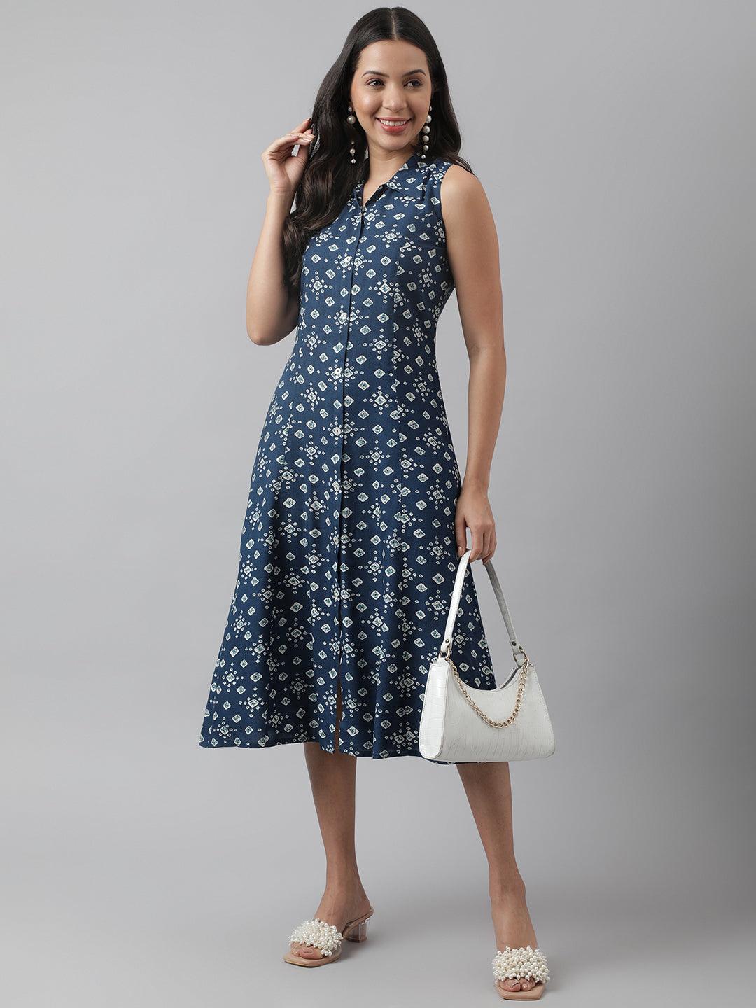 Rayon Teal Blue A-Line Floral Printed Midi Dress | LASVINI - Redefining Indian Fashion with Elegance