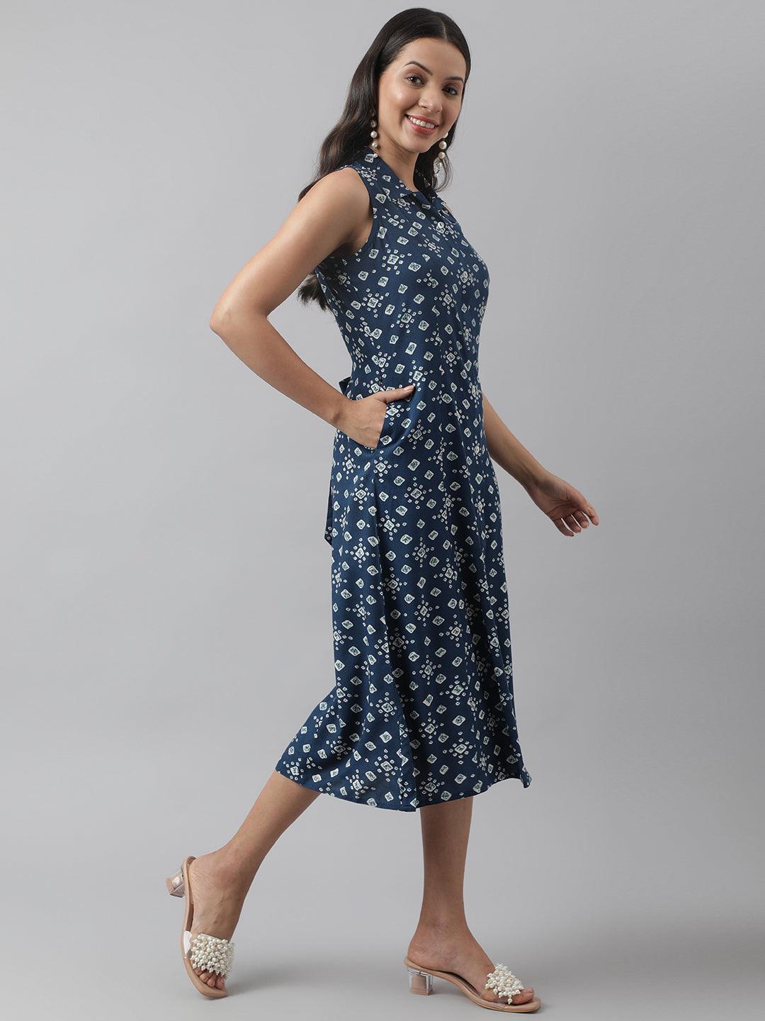 Rayon Teal Blue A-Line Floral Printed Midi Dress | LASVINI - Redefining Indian Fashion with Elegance