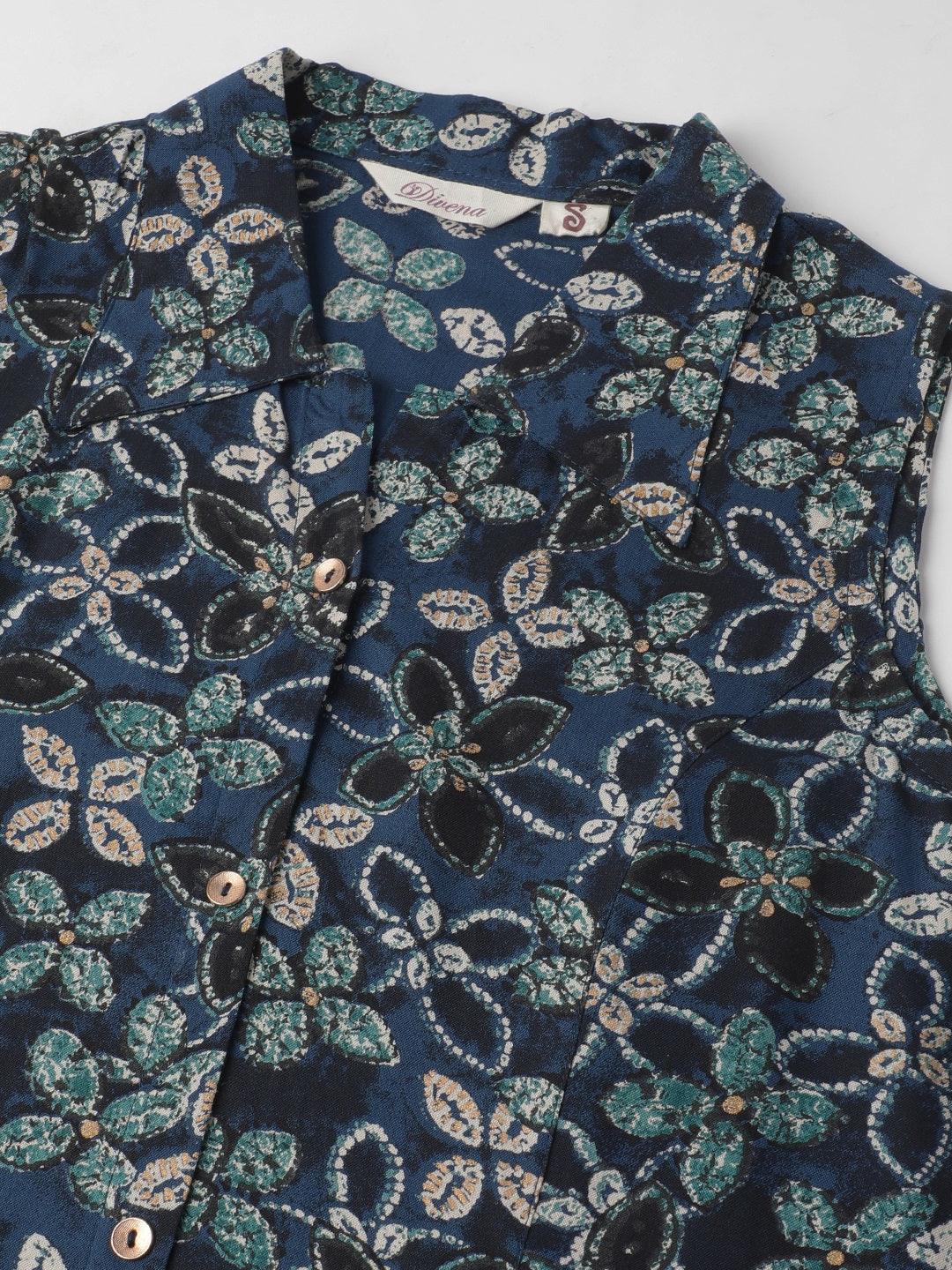 Rayon Navy Blue A-Line Floral Printed Midi Dress | LASVINI - Redefining Indian Fashion with Elegance