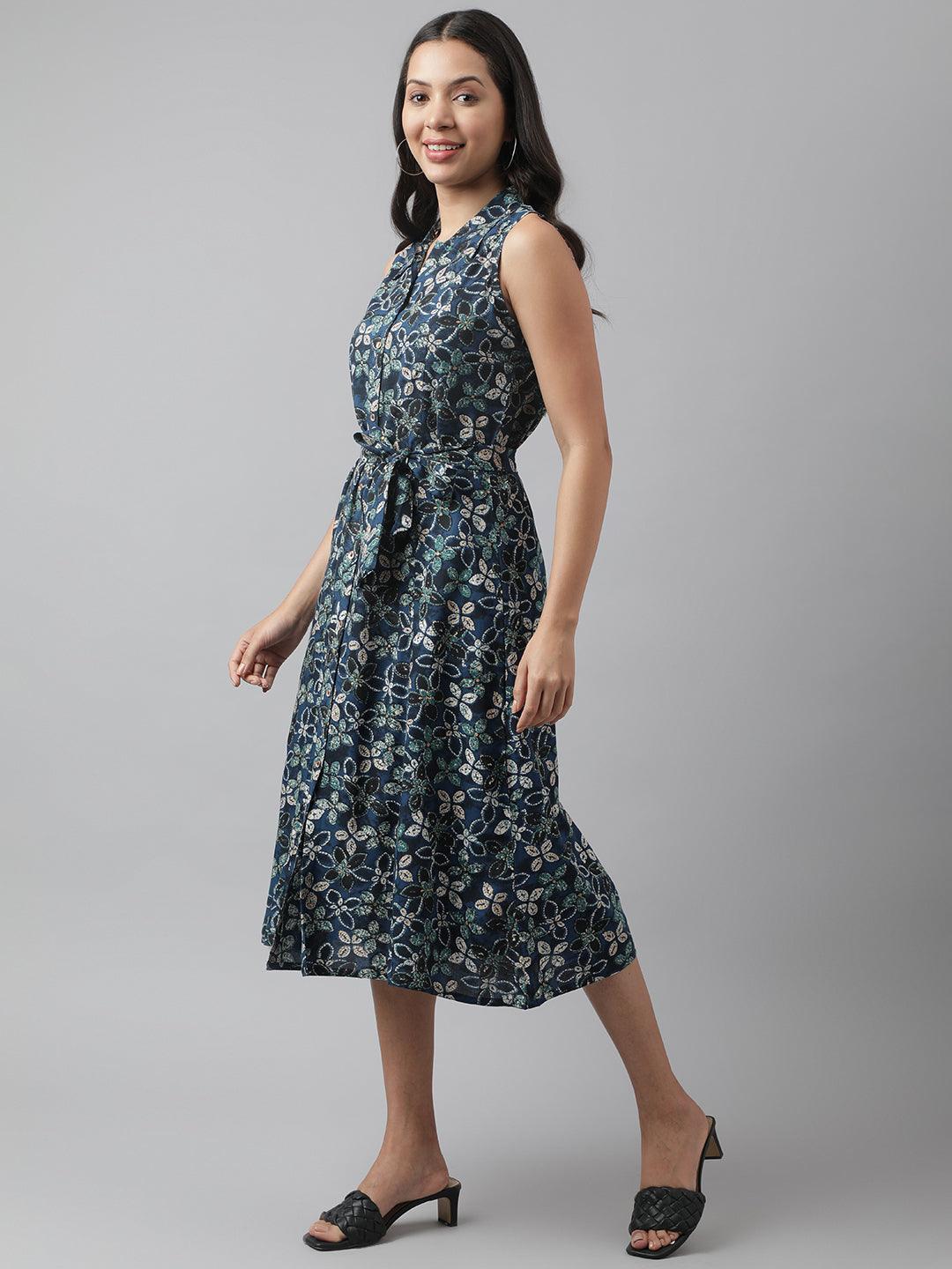 Rayon Navy Blue A-Line Floral Printed Midi Dress | LASVINI - Redefining Indian Fashion with Elegance