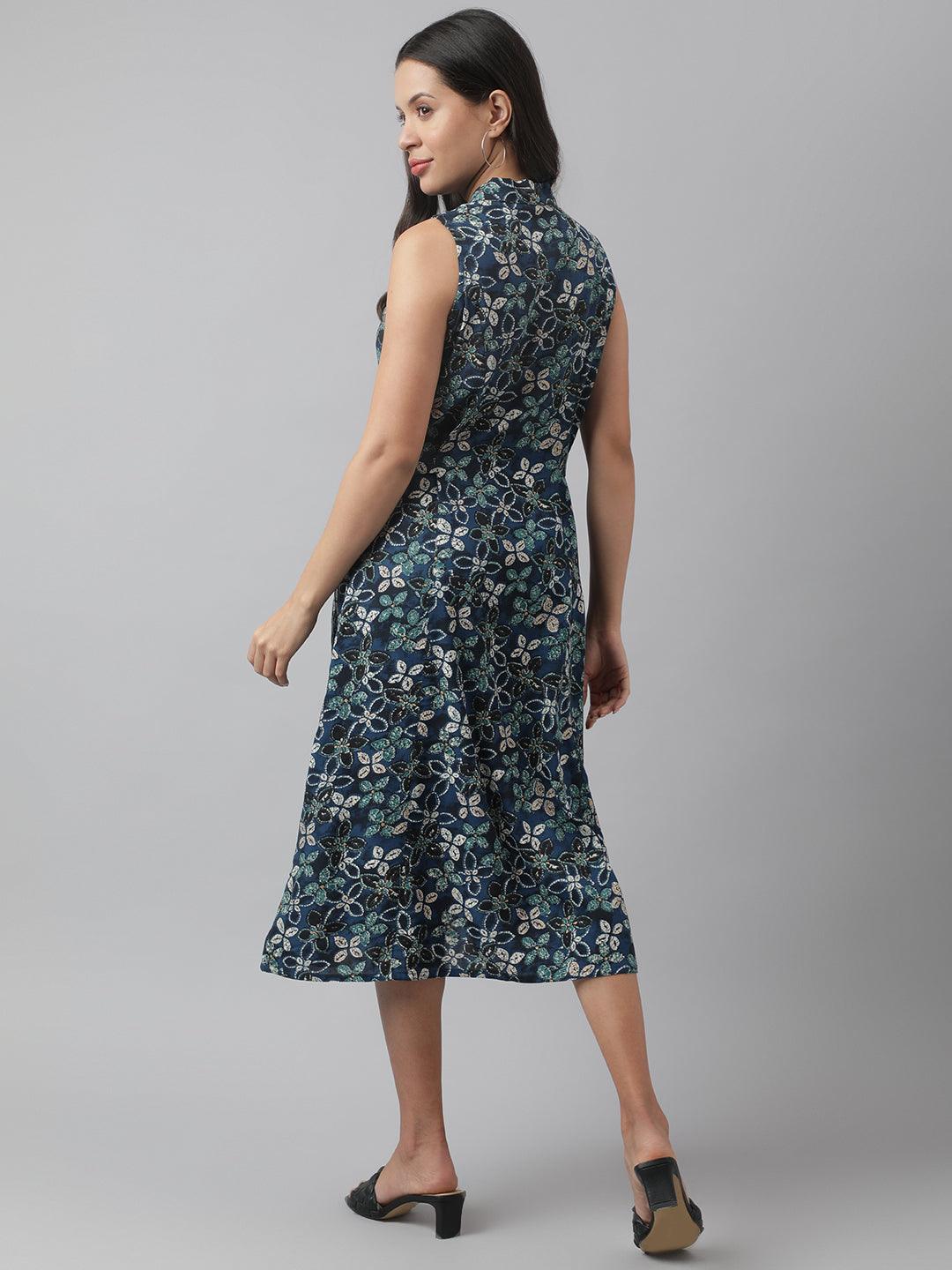 Rayon Navy Blue A-Line Floral Printed Midi Dress | LASVINI - Redefining Indian Fashion with Elegance