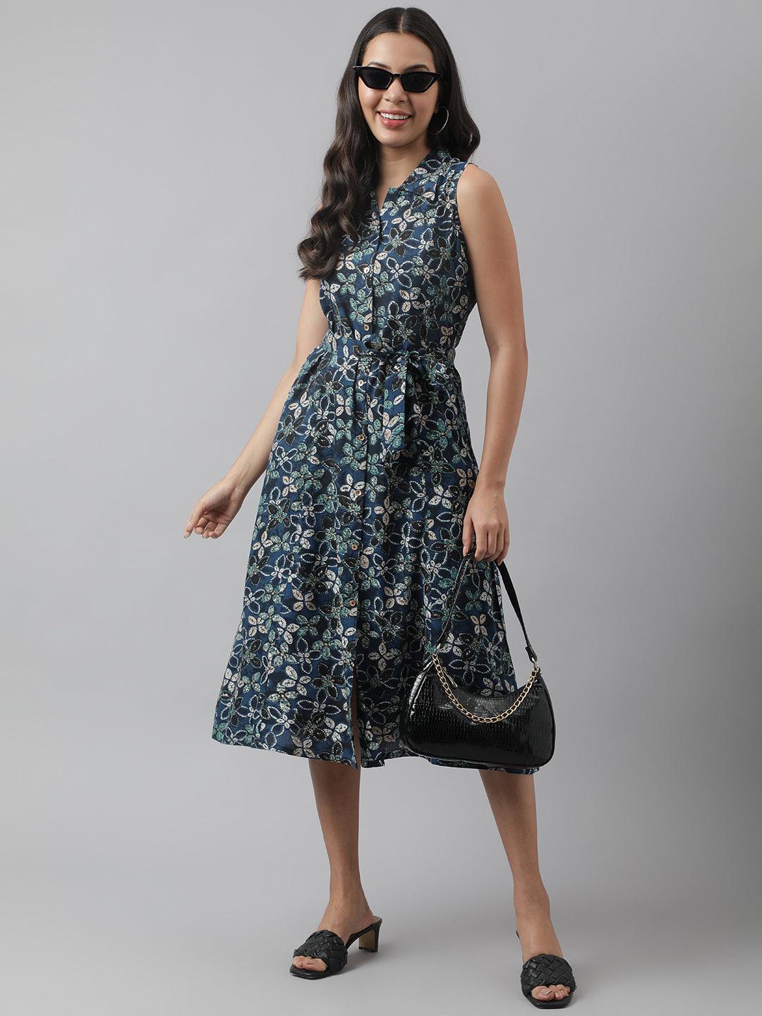 Rayon Navy Blue A-Line Floral Printed Midi Dress | LASVINI - Redefining Indian Fashion with Elegance