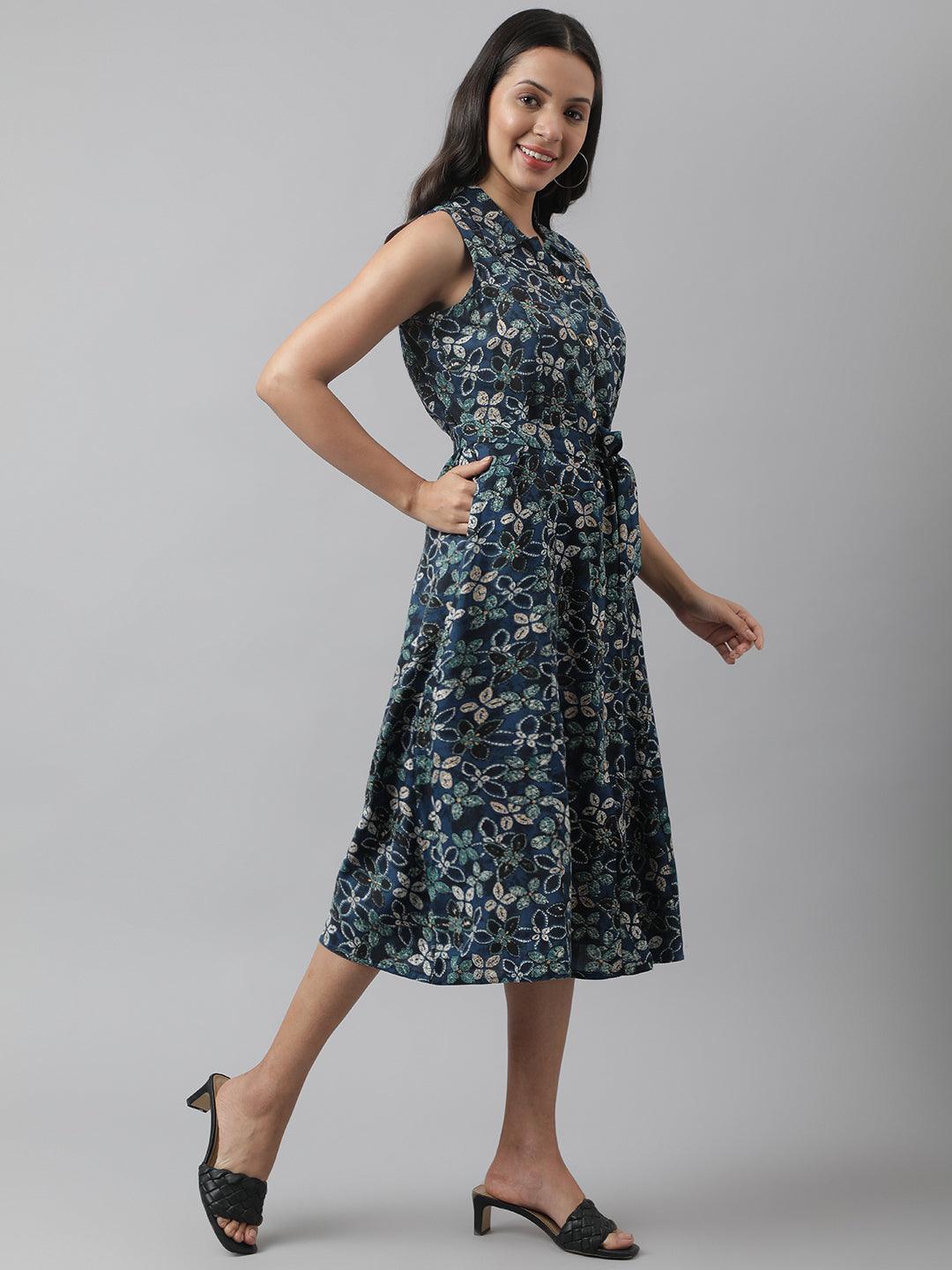 Rayon Navy Blue A-Line Floral Printed Midi Dress | LASVINI - Redefining Indian Fashion with Elegance