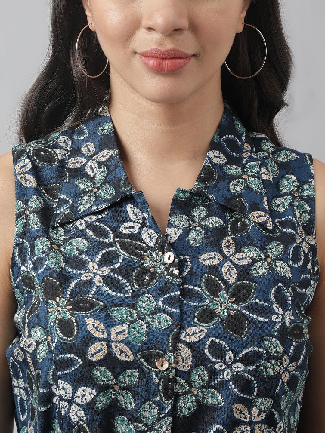 Rayon Navy Blue A-Line Floral Printed Midi Dress | LASVINI - Redefining Indian Fashion with Elegance