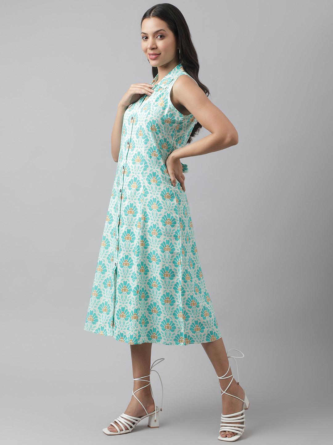 Rayon White A-Line Floral Printed Midi Dress | LASVINI - Redefining Indian Fashion with Elegance