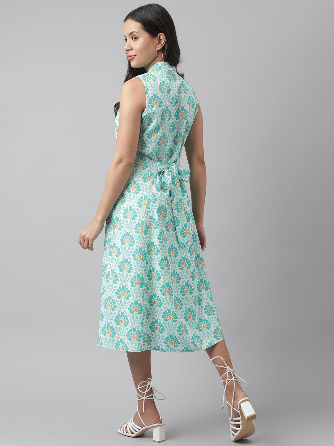 Rayon White A-Line Floral Printed Midi Dress | LASVINI - Redefining Indian Fashion with Elegance