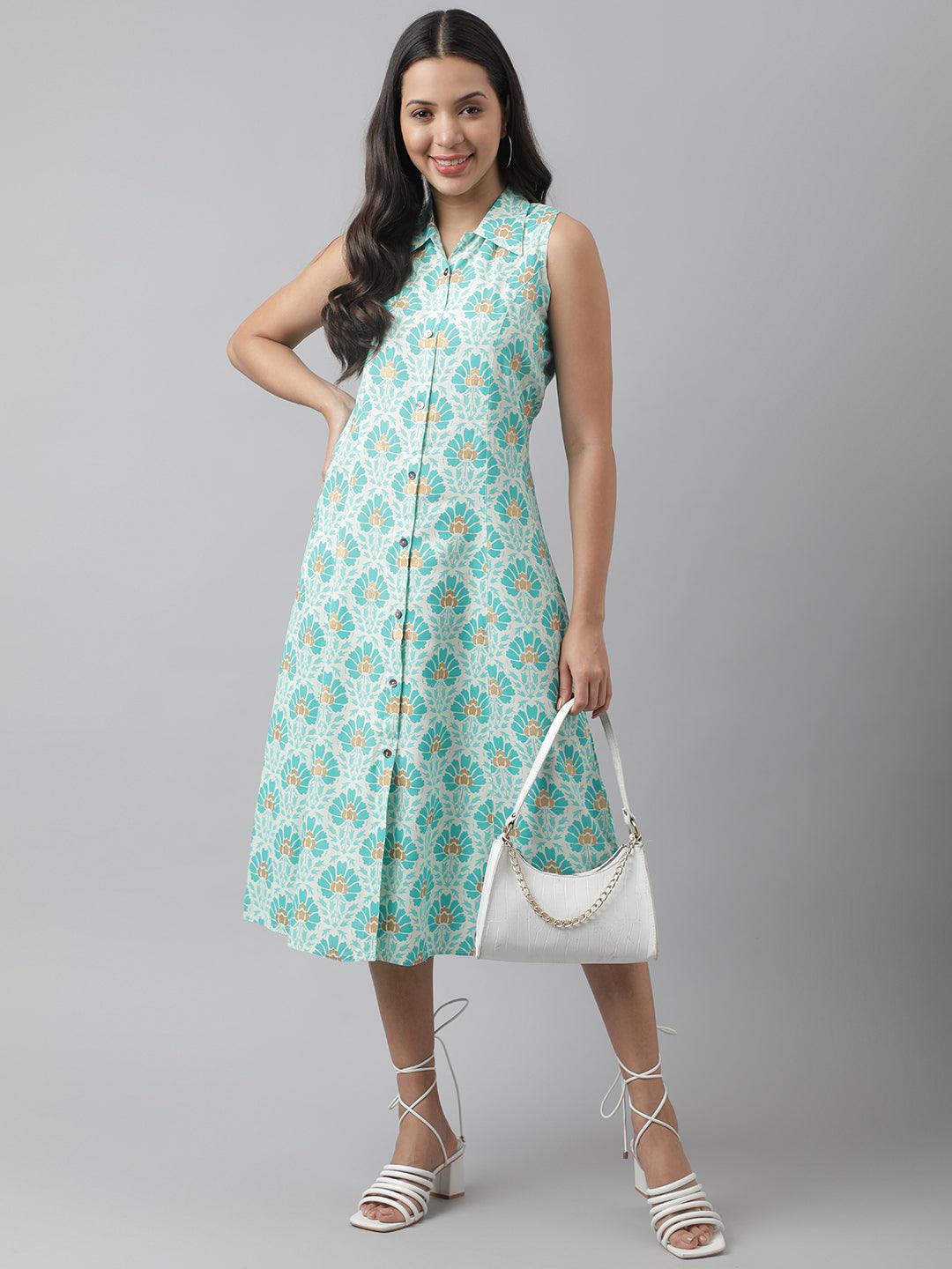 Rayon White A-Line Floral Printed Midi Dress | LASVINI - Redefining Indian Fashion with Elegance