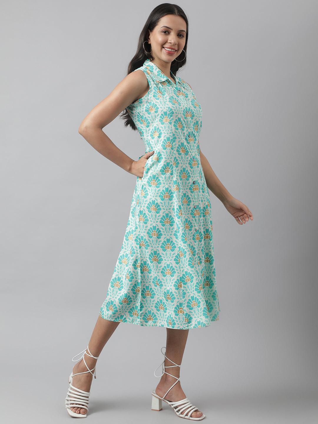 Rayon White A-Line Floral Printed Midi Dress | LASVINI - Redefining Indian Fashion with Elegance