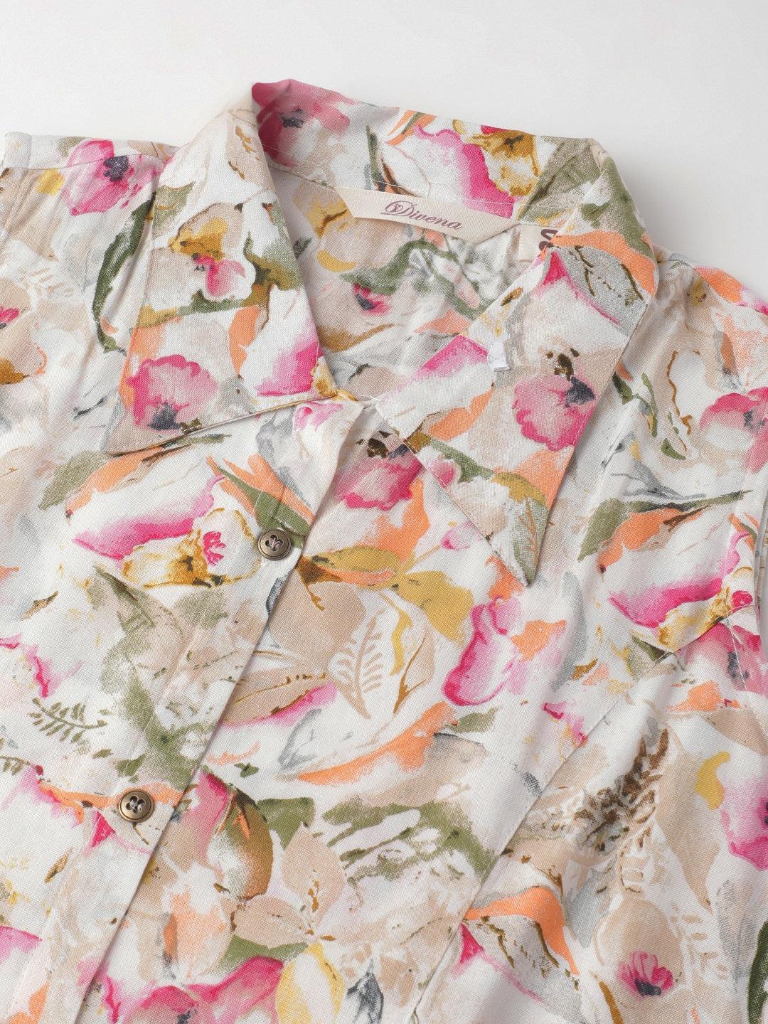 Rayon Cream A-Line Floral Printed Midi Dress | LASVINI - Redefining Indian Fashion with Elegance