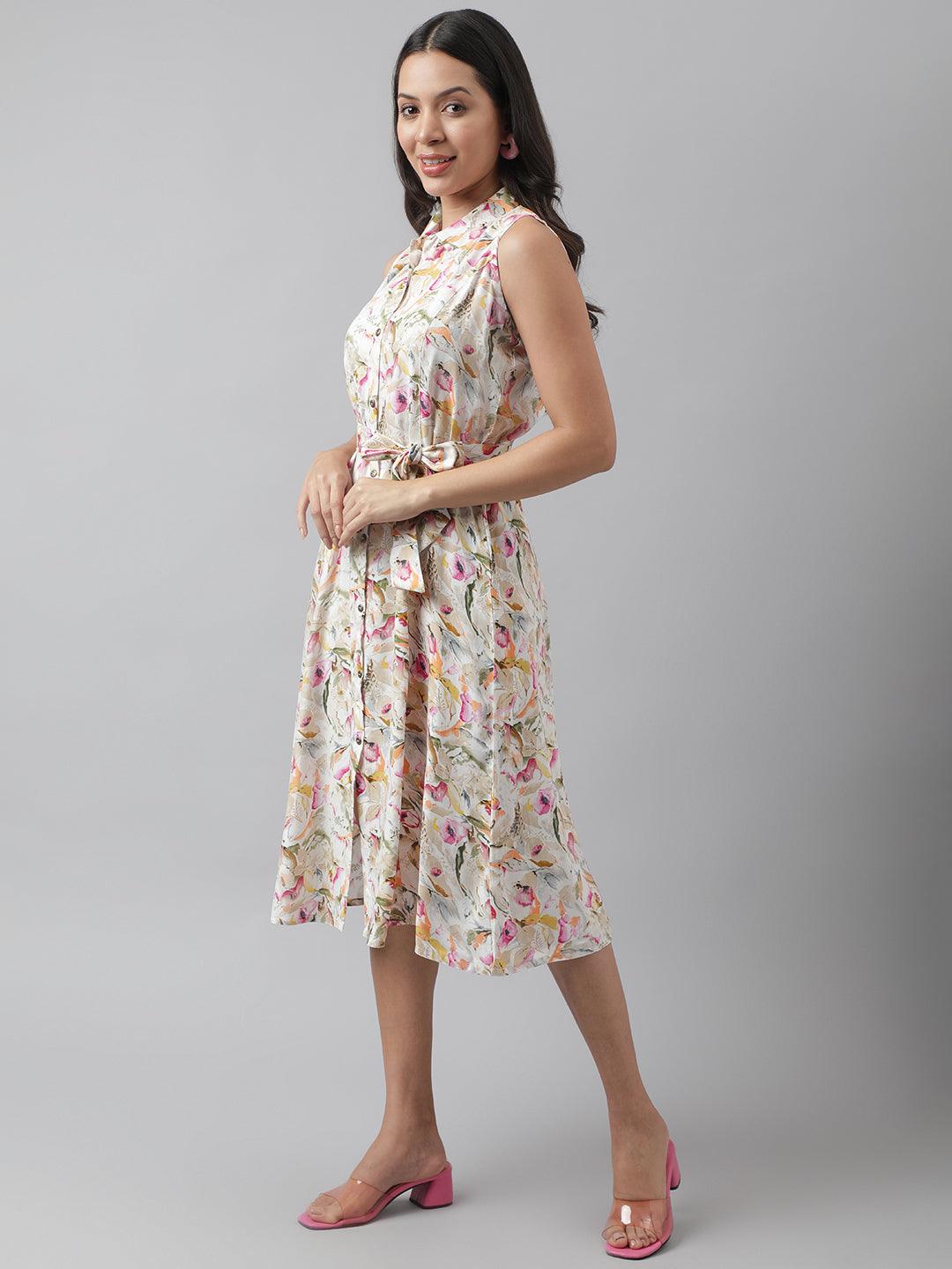 Rayon Cream A-Line Floral Printed Midi Dress | LASVINI - Redefining Indian Fashion with Elegance