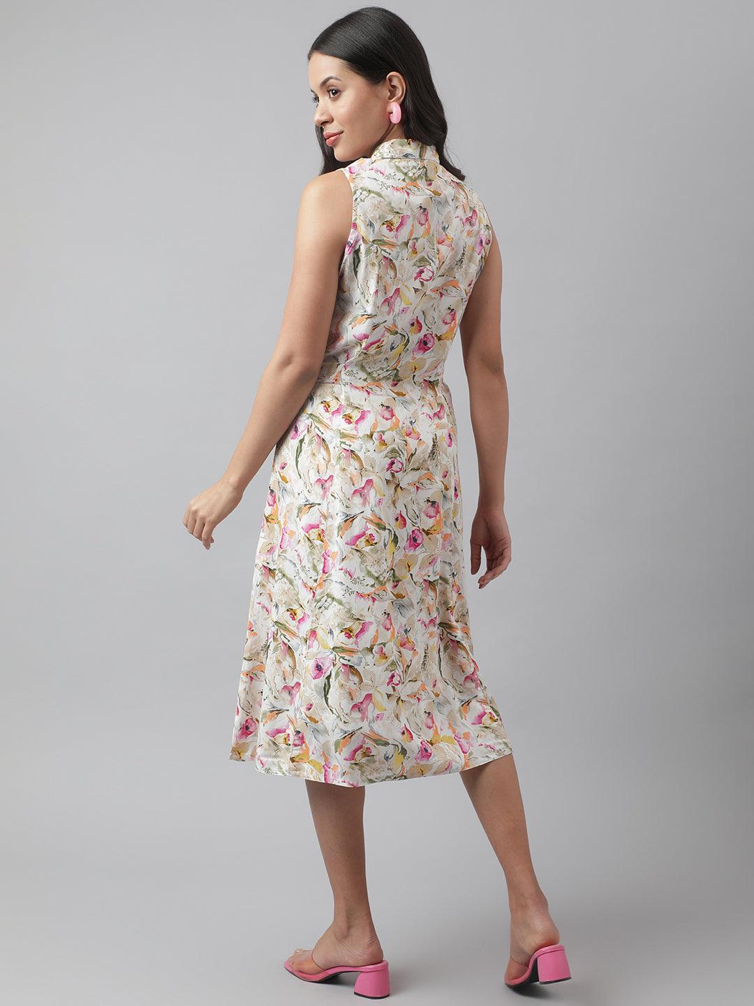 Rayon Cream A-Line Floral Printed Midi Dress | LASVINI - Redefining Indian Fashion with Elegance