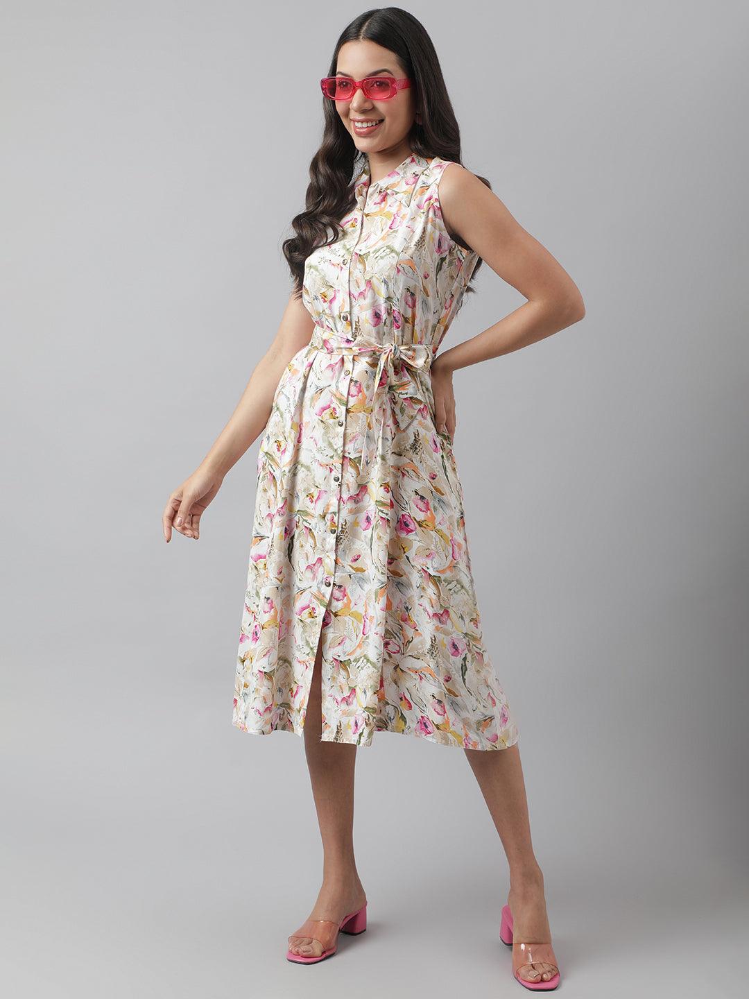 Rayon Cream A-Line Floral Printed Midi Dress | LASVINI - Redefining Indian Fashion with Elegance