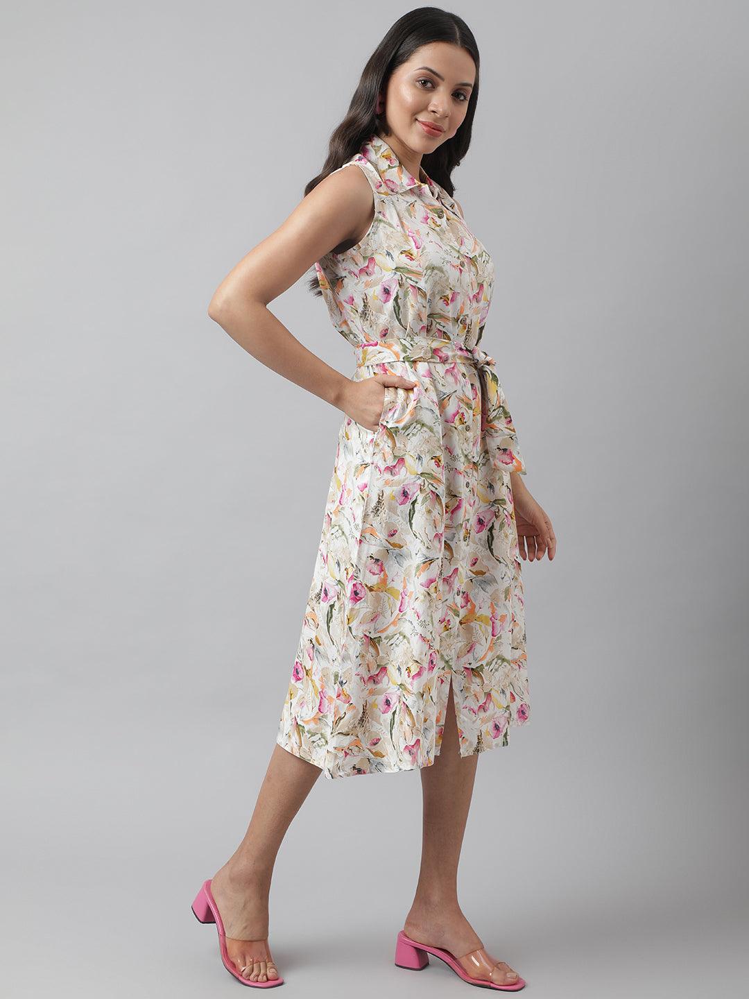 Rayon Cream A-Line Floral Printed Midi Dress | LASVINI - Redefining Indian Fashion with Elegance