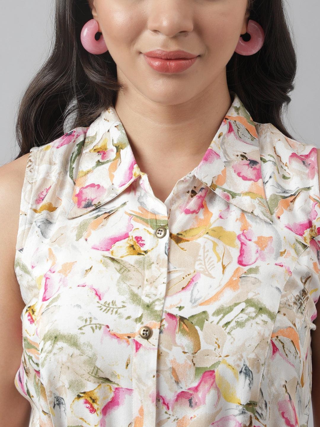 Rayon Cream A-Line Floral Printed Midi Dress | LASVINI - Redefining Indian Fashion with Elegance