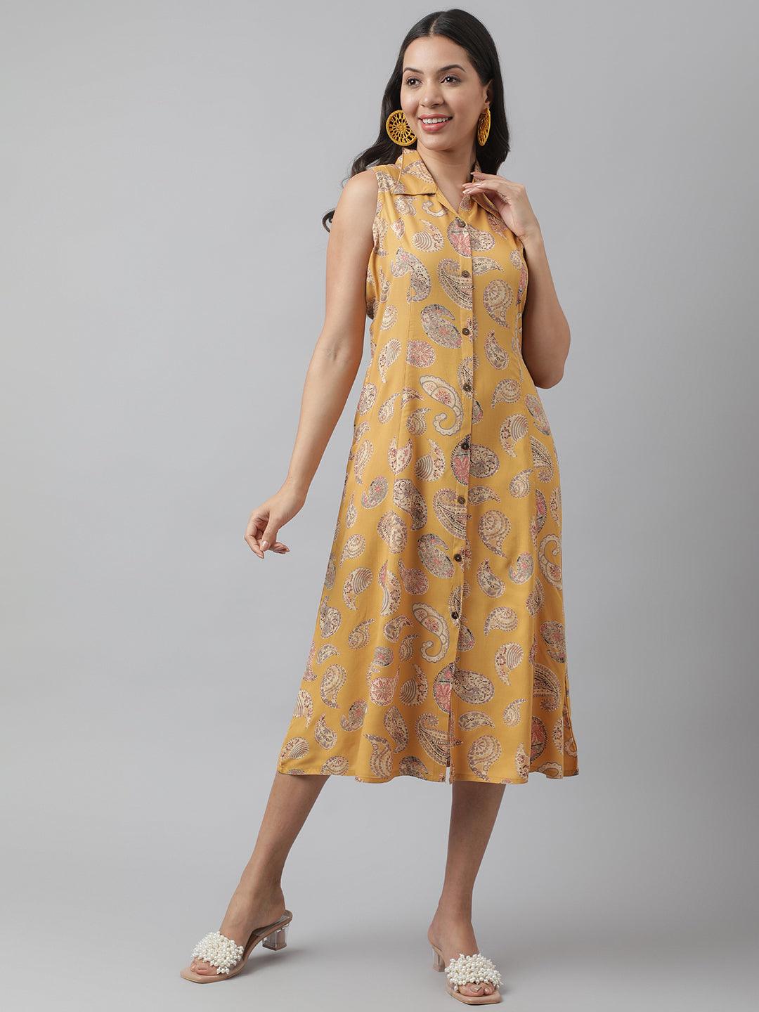 Rayon Mustard A-Line Floral Printed Midi Dress | LASVINI - Redefining Indian Fashion with Elegance