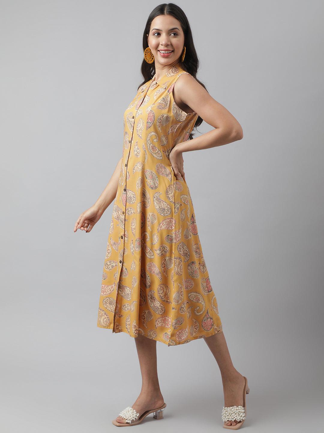 Rayon Mustard A-Line Floral Printed Midi Dress | LASVINI - Redefining Indian Fashion with Elegance