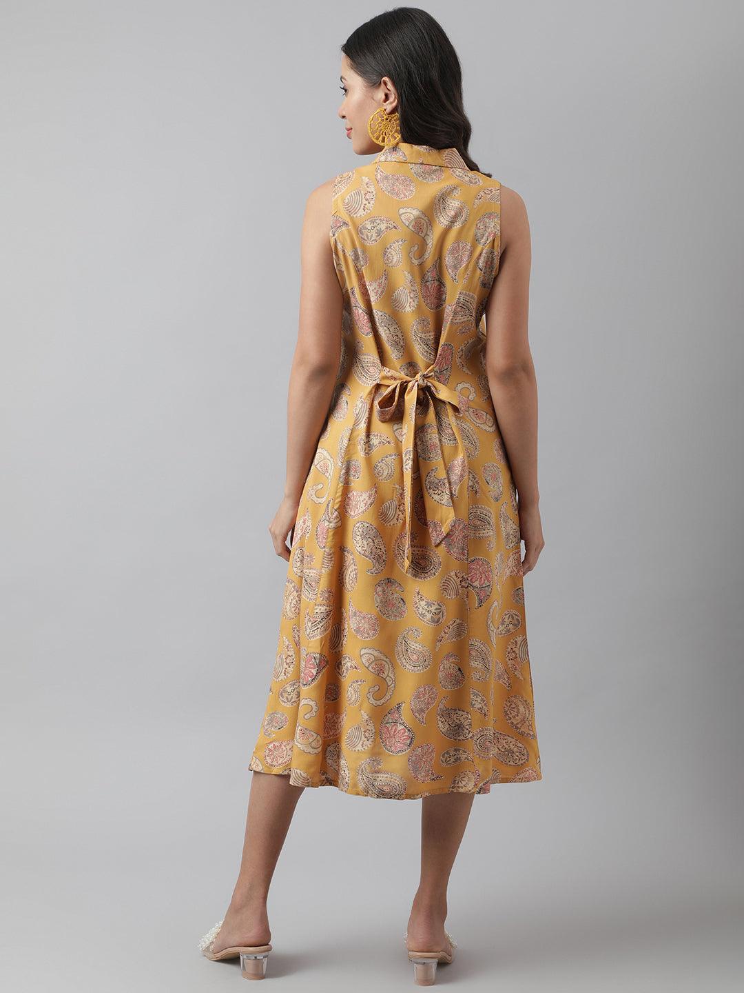 Rayon Mustard A-Line Floral Printed Midi Dress | LASVINI - Redefining Indian Fashion with Elegance