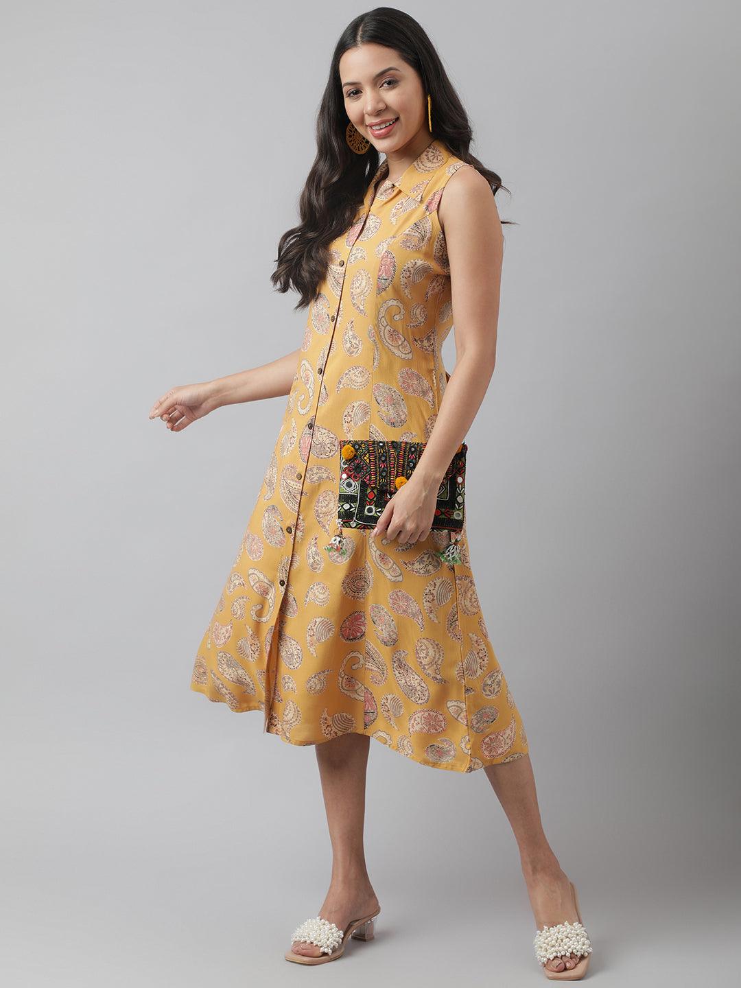 Rayon Mustard A-Line Floral Printed Midi Dress | LASVINI - Redefining Indian Fashion with Elegance