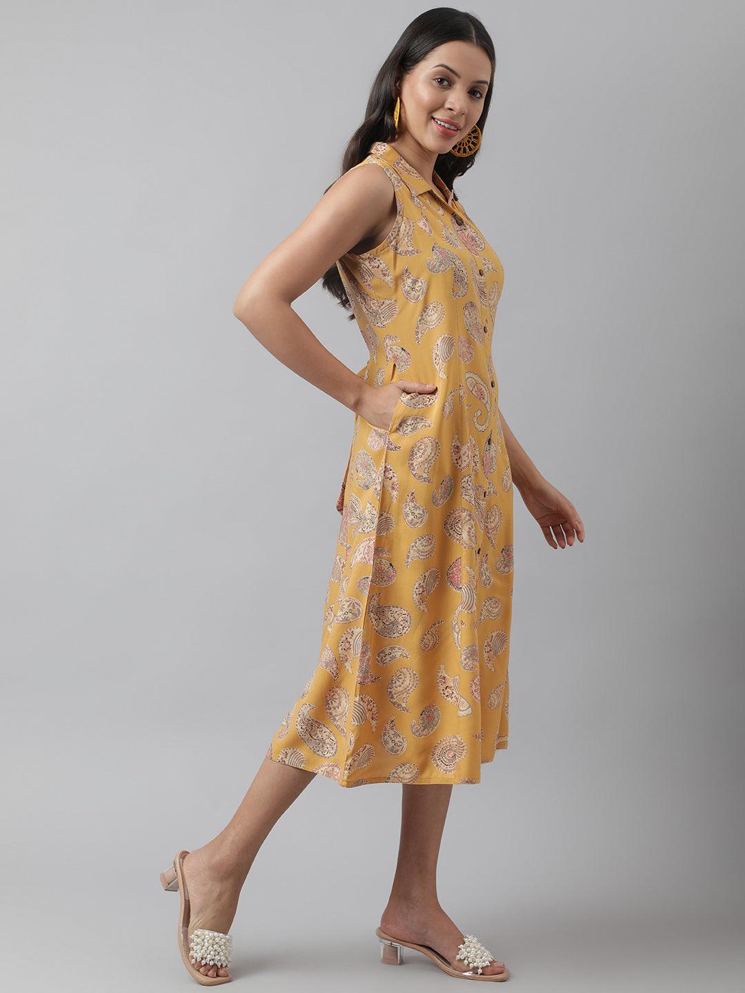 Rayon Mustard A-Line Floral Printed Midi Dress | LASVINI - Redefining Indian Fashion with Elegance