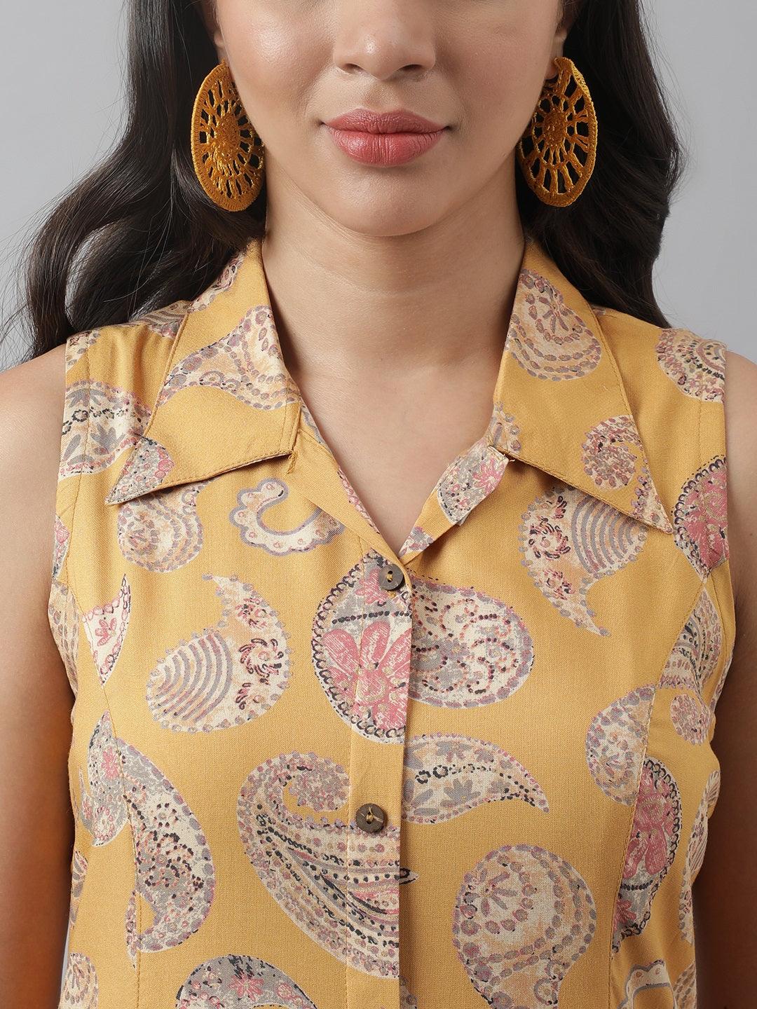 Rayon Mustard A-Line Floral Printed Midi Dress | LASVINI - Redefining Indian Fashion with Elegance