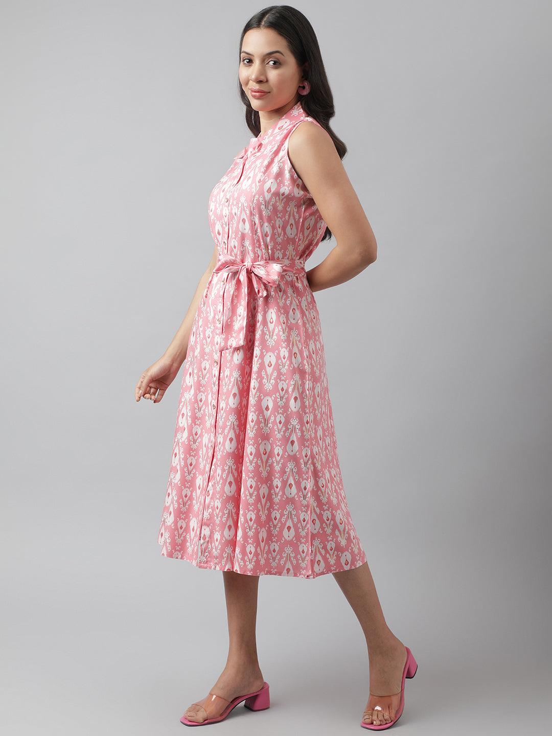 Rayon Light Pink A-Line Floral Printed Midi Dress | LASVINI - Redefining Indian Fashion with Elegance