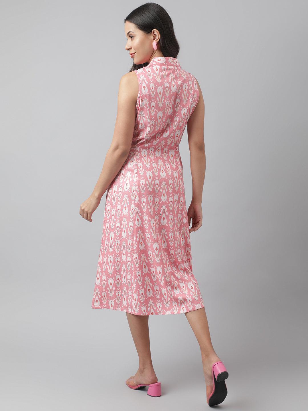 Rayon Light Pink A-Line Floral Printed Midi Dress | LASVINI - Redefining Indian Fashion with Elegance