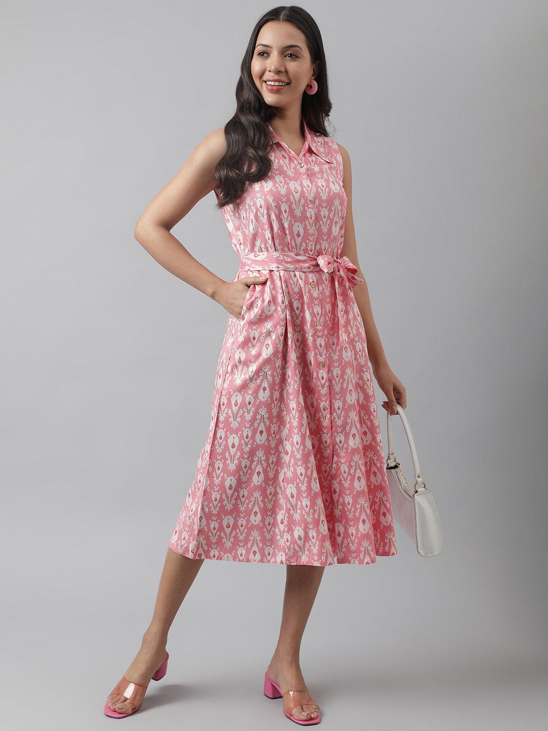 Rayon Light Pink A-Line Floral Printed Midi Dress | LASVINI - Redefining Indian Fashion with Elegance
